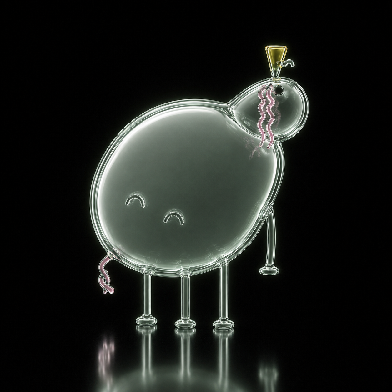A glossy glass Pippinpons mascot on a black background